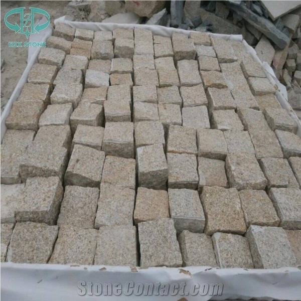 G682 Granite Tumbled Cubestone, Rusty Yellow,Sunset Gold, Garden Cobble Stone,Yellow Paving Stone,Granite Walkway Pavers,Cobble Stone,Exterior Cube Stone,Floor Covering, Chinese Yellow Paving Stone