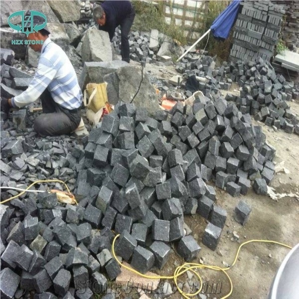 G684 China Black Basalt Black Galaxy Black Pearl Fuding Black Tumbled Natural Flame Cube Paver Pattern Cubestone