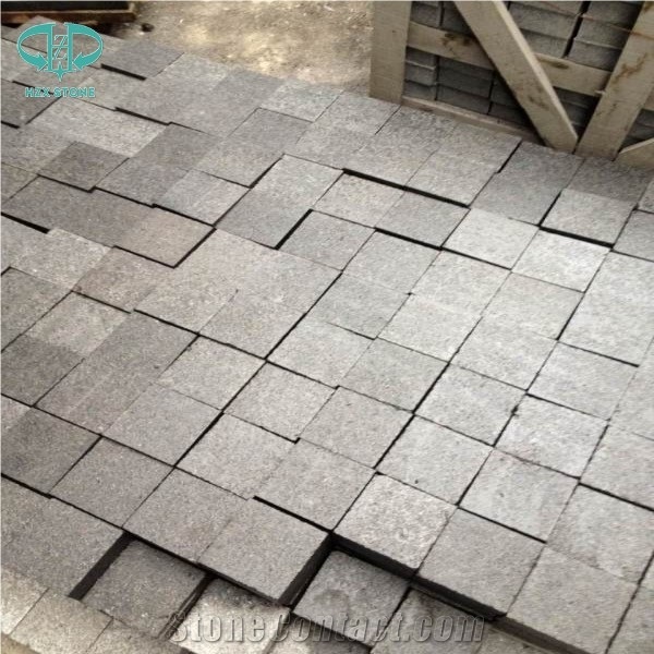 G684 China Black Basalt Black Galaxy Black Pearl Fuding Black Tumbled Natural Flame Cube Paver Pattern Cubestone