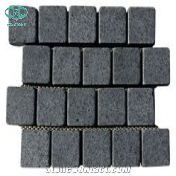G684 China Black Basalt Black Galaxy Black Pearl Fuding Black Tumbled Natural Flame Cube Paver Pattern Cubestone