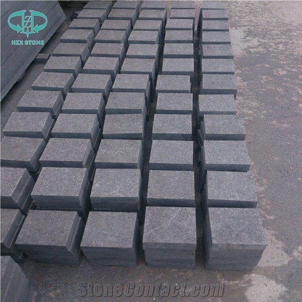 G684 China Black Basalt Black Galaxy Black Pearl Fuding Black Tumbled Natural Flame Cube Paver Pattern Cubestone
