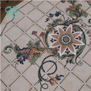 Marble Mosaic Art for Floor, Mosaic Stone Medallion, Bianco Carrrara and Emperador Dark Marble Medallion