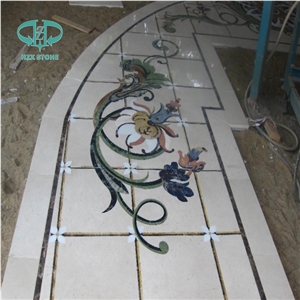 Marble Mosaic Art for Floor, Mosaic Stone Medallion, Bianco Carrrara and Emperador Dark Marble Medallion