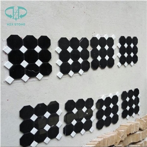 Polished Nero Marquina Marble Mosaic,Black Hexagon Mosaic Tile, Black & White Floor Mosaic, Mosaic Pattern for Wall,Manmade Stone Mosaic Pattern