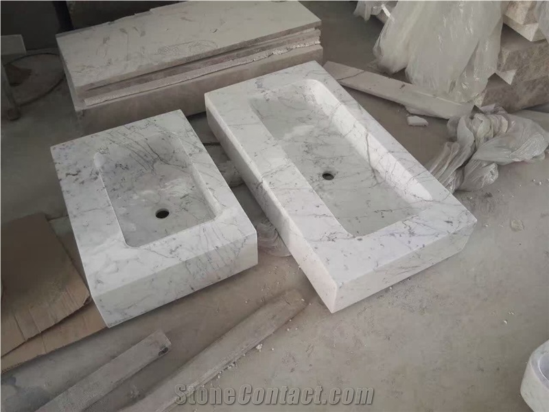 Bianco Carrara C White Marble Vessel Sinks for Bathroom Basins,Farm Sink,Square Washing Basin
