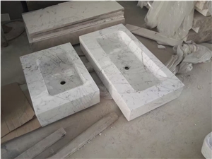 Bianco Carrara C White Marble Vessel Sinks for Bathroom Basins,Farm Sink,Square Washing Basin
