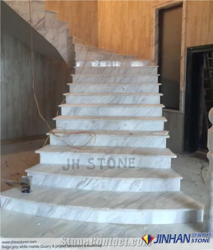Volakas White Marble Tile, Volacas White Marble Steps, Greece White Marble Staircase Steps and Risers Used for Interior Floor Tile, Commercial Stair Tiles