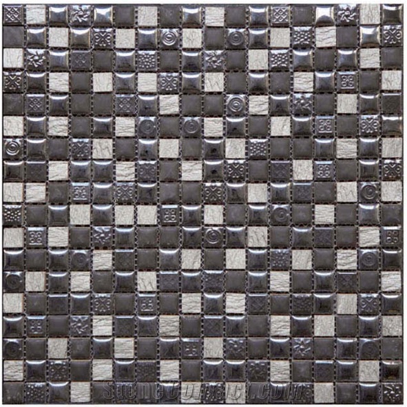 China Dark Grey Granite Black Polished Marble with Glass Mosaic Tile for Bathroom, China Marble Stone Mosaic