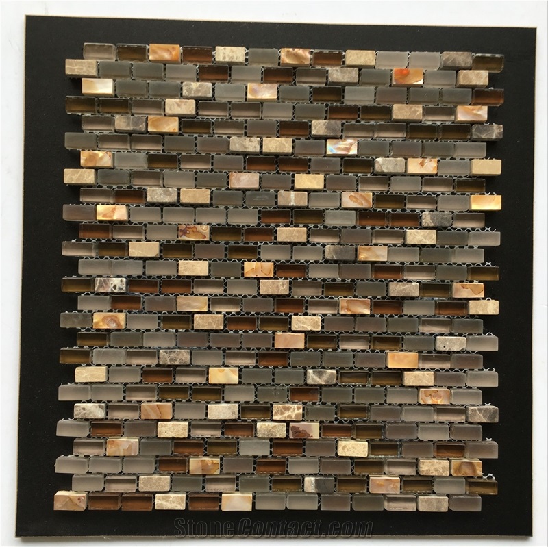 Glass Mosaic Tile for Bathroom, China Mosaic Factory, Emperador Light, Super White, Cold Spraying, Plating, Wooden White, Colorful Conch