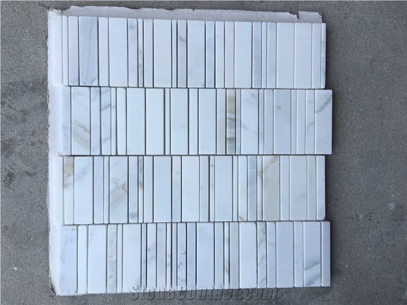 Italy Calacatta White Stone Mosaic, Carrara White with China Crystal White Marble Mosaic Tile,Linear Strips Marble Mosaic Use for Wall & Flooring