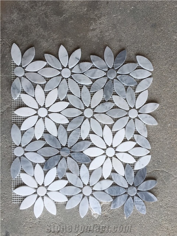 Italy Grey Carrara White Crystal White Marble Flower Design Beautiful Stone Mosaic, Polished Nice Design Interior Stone Mosaic Tile, Marble Stone Mosaic