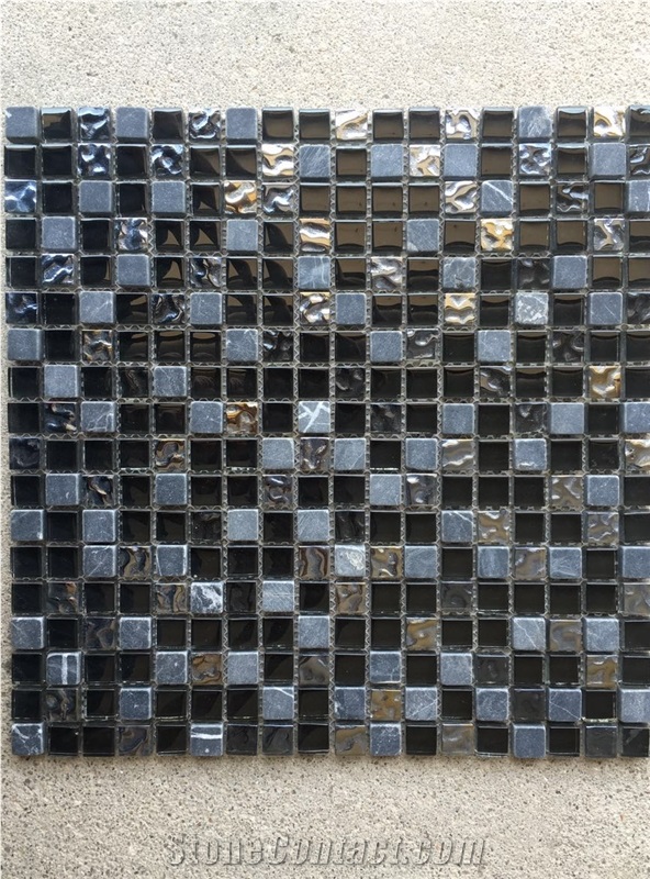 Modern Style Nero Marquina&Glass or Aluminium Mix Marble Mosaic,China Interior Decoration Stone Tiles for Wall Cover