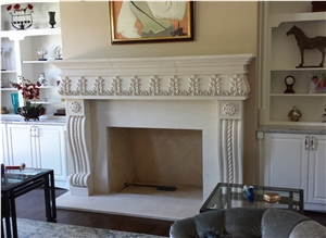 Beige Limestone Flower Handcarved Fireplace Mantel