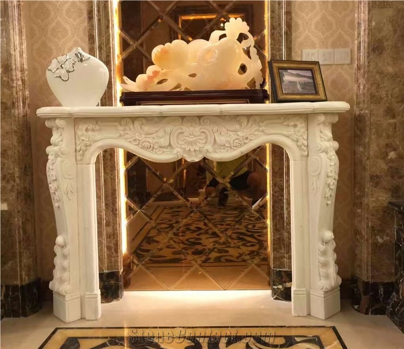 Beige Limestone Flower Handcarved Fireplace Mantel
