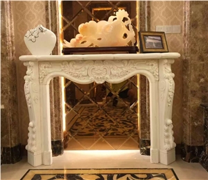 Beige Limestone Flower Handcarved Fireplace Mantel