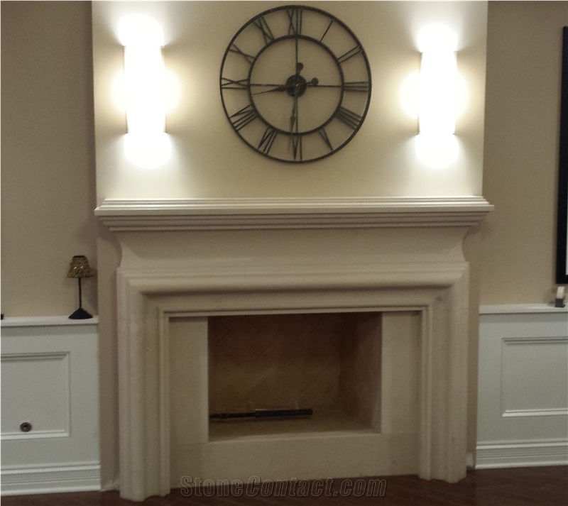 Beige Limestone Flower Handcarved Fireplace Mantel
