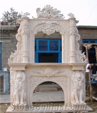Beige Marble Fireplace Hearth / Sculptured Handcarved Fireplace Mantel /Masonry Heaters