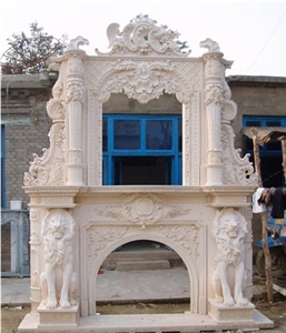 Beige Marble Fireplace Hearth / Sculptured Handcarved Fireplace Mantel /Masonry Heaters