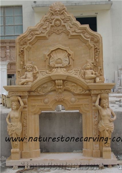 Beige Marble Fireplace Hearth / Sculptured Handcarved Fireplace Mantel /Masonry Heaters