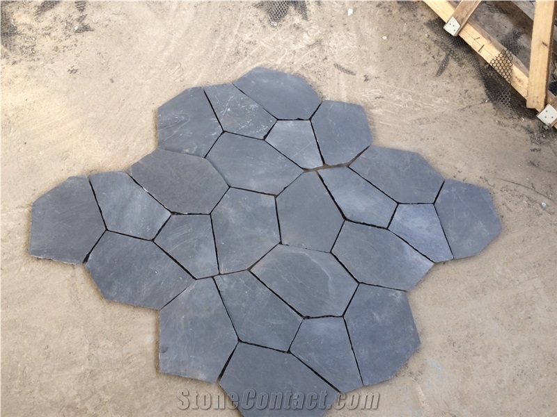 Natural Black Grey Slate with Mesh Irregular Flagstones, Slate Walkway Paver Stone