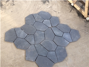 Natural Black Grey Slate with Mesh Irregular Flagstones, Slate Walkway Paver Stone