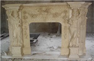 Handcarved Fireplace Hearth,Beige Marble Fireplace Mantel