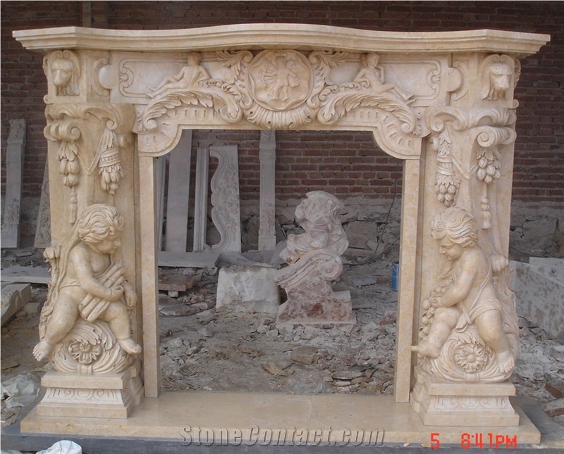 Handcarved Fireplace Hearth,Beige Marble Fireplace Mantel