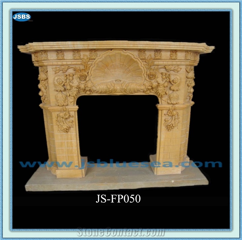 Natural Stone Carved Fireplace, Resin Yellow Marble Fireplace