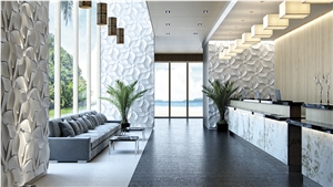 Artificial Stone White 3d Flower Shaped Hotel Lobby Design Wall Reliefs, Laser Engravings