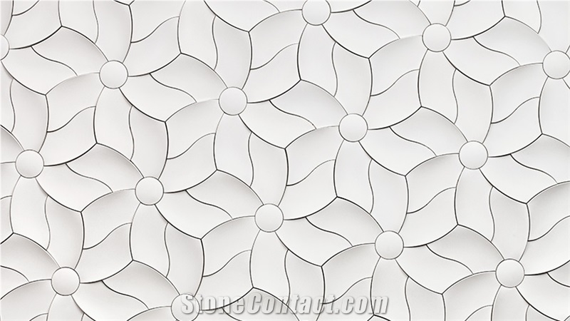 Artificial Stone White 3d Flower Shaped Hotel Lobby Design Wall Reliefs, Laser Engravings