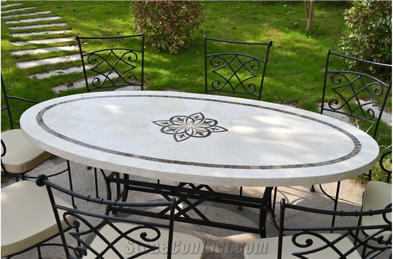 Beige Limestone Medallion Tabletops Outside Garden Stone Table Sets& Bench, Exterior Furniture Shape Size Customized