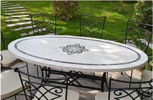 Beige Limestone Medallion Tabletops Outside Garden Stone Table Sets& Bench, Exterior Furniture Shape Size Customized