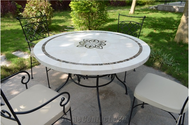 Beige Limestone Medallion Tabletops Outside Garden Stone Table Sets& Bench, Exterior Furniture Shape Size Customized