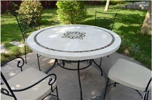 Beige Limestone Medallion Tabletops Outside Garden Stone Table Sets& Bench, Exterior Furniture Shape Size Customized