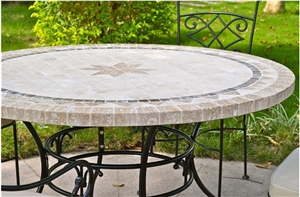 Beige Limestone Medallion Tabletops Outside Garden Stone Table Sets& Bench, Exterior Furniture Shape Size Customized