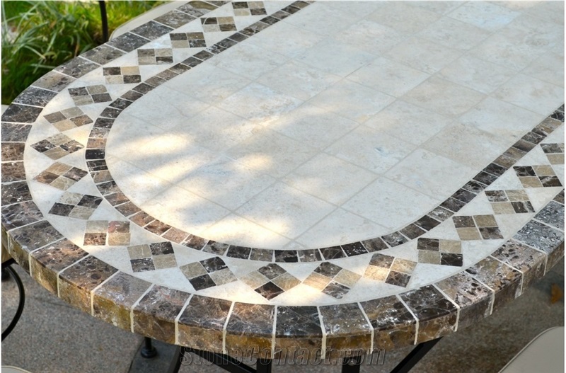 Beige Limestone Mosaic Shaped Tabletops,Botticino Classic Coral Stone Table & Bench Street Exterior Furniture