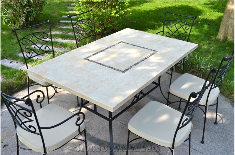 Beige Limestone Mosaic Shaped Tabletops,Botticino Classic Coral Stone Table & Bench Street Exterior Furniture