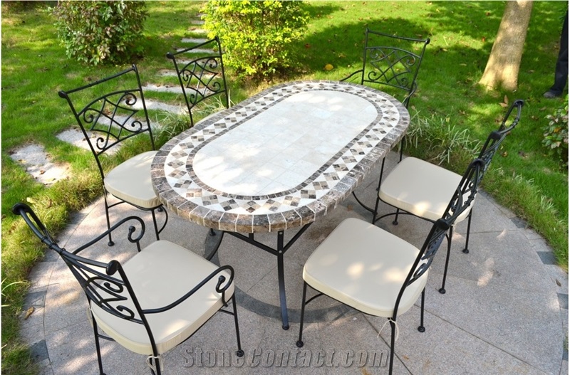 Beige Limestone Mosaic Shaped Tabletops,Botticino Classic Coral Stone Table & Bench Street Exterior Furniture