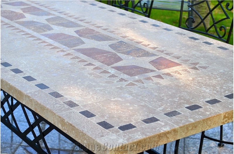Beige Limestone Mosaic Shaped Tabletops,Botticino Classic Coral Stone Table & Bench Street Exterior Furniture
