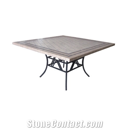 Beige Limestone Mosaic Square Tabletops,Botticino Classic Coral Stone Table Street Exterior Furniture