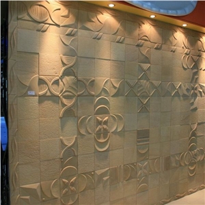 Beige Sandstone Wall Relief Hand Engraving 3d Walling