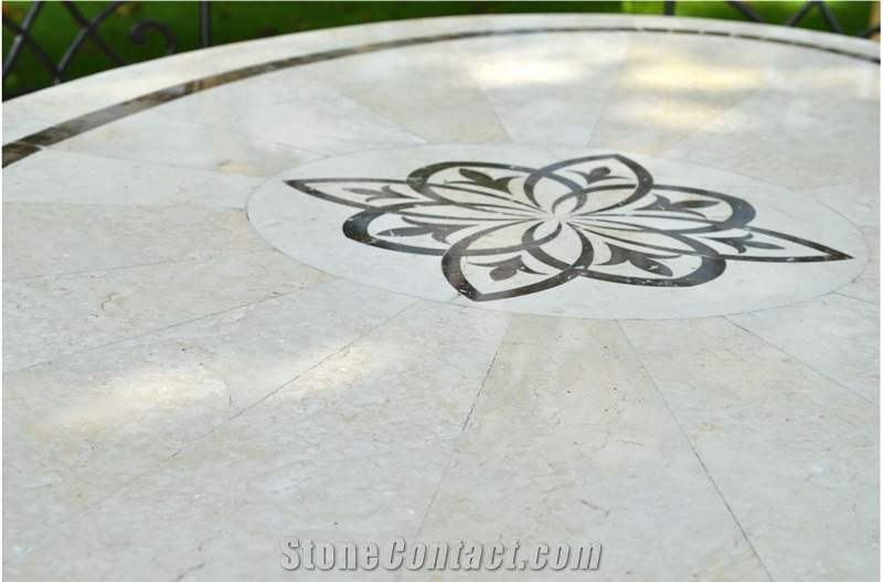 Classic Limestone Coral Stone Exterior Furniture Tabletops,Water-Jet Medallion Table Sets