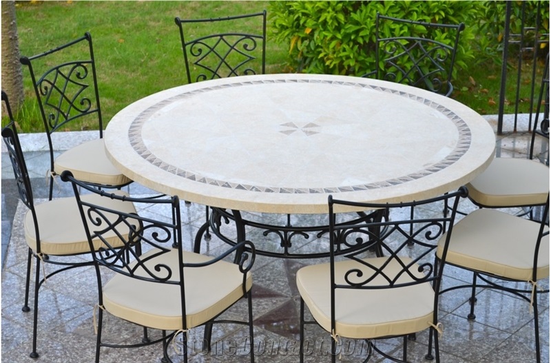 Classic Limestone Coral Stone Exterior Furniture Tabletops,Water-Jet Medallion Table Sets