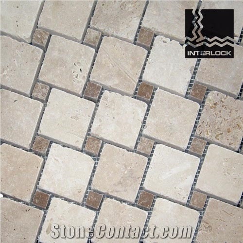 Brown Beige Travertine Antique Mosaic Pattern, Noce Travertine Mosaic Pattern