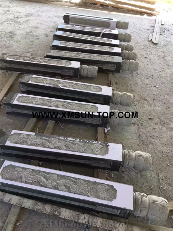 G654 Granite Relief Carving Balustrades/China Impala Engraving Granite Baluster/Sesame Black Granite Handrail/Dark Grey Railings/Exterior Decoration/China Jasberg Granite Railing