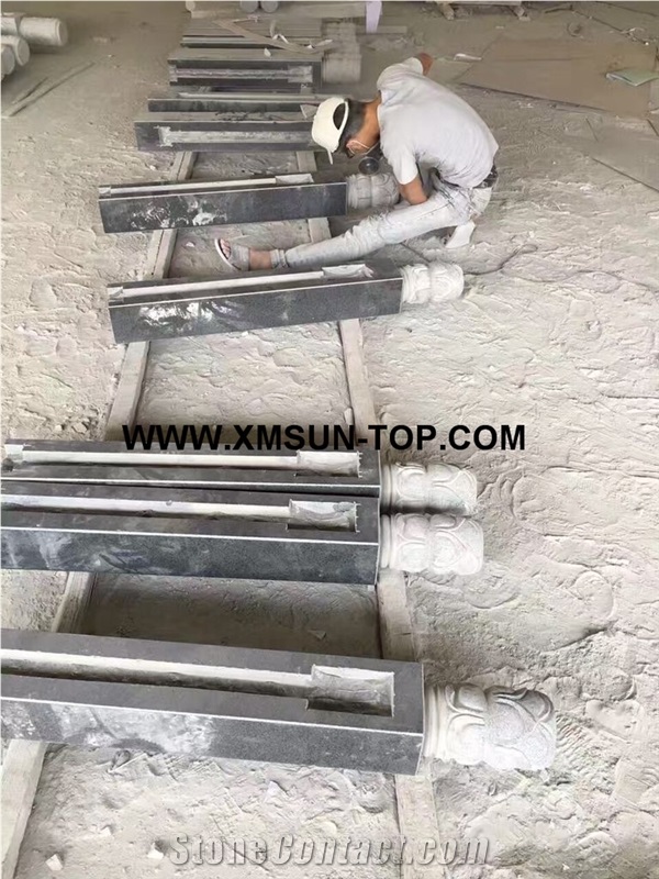 G654 Granite Relief Carving Balustrades/China Impala Engraving Granite Baluster/Sesame Black Granite Handrail/Dark Grey Railings/Exterior Decoration/China Jasberg Granite Railing