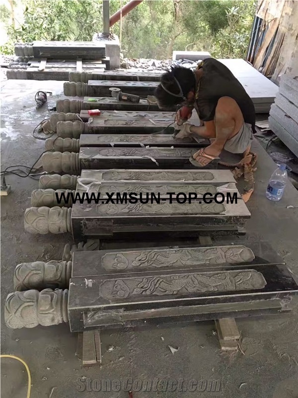 G654 Granite Relief Carving Balustrades/China Impala Engraving Granite Baluster/Sesame Black Granite Handrail/Dark Grey Railings/Exterior Decoration/China Jasberg Granite Railing