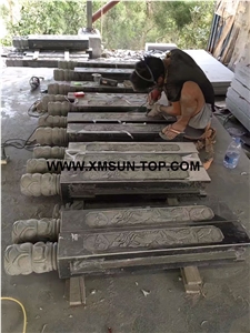 G654 Granite Relief Carving Balustrades/China Impala Engraving Granite Baluster/Sesame Black Granite Handrail/Dark Grey Railings/Exterior Decoration/China Jasberg Granite Railing