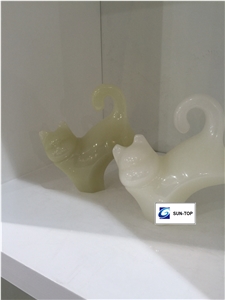 White Onyx Animal Handicrafts, China White &Light Greenonyx Gift Article, White Jade Artworks, Onyx Cat Handicraft Carving, Snow White Carved Gifts