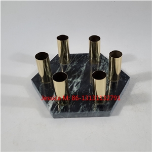 Green Marble Candle Holder with Golden Pipes